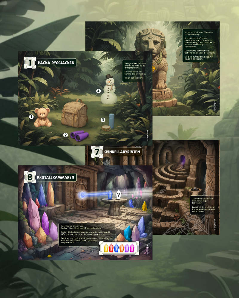 Collage of game screens with fantasy elements, including a statue, treasure chest, and crystal room.