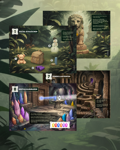 Collage of game screens with fantasy elements, including a statue, treasure chest, and crystal room.