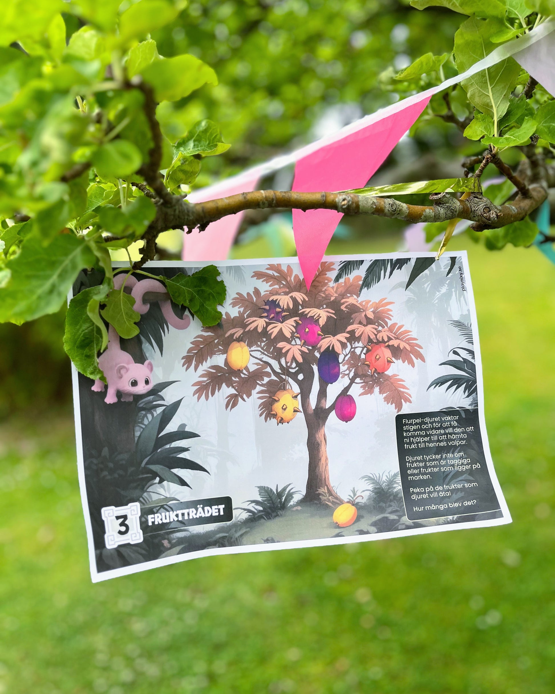 Game card with a tree illustration and colorful fruits hanging from a tree branch.