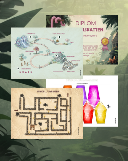 Collage of game materials including a map, a labyrinth diagram, and colorful geometric shapes on a green leafy background.