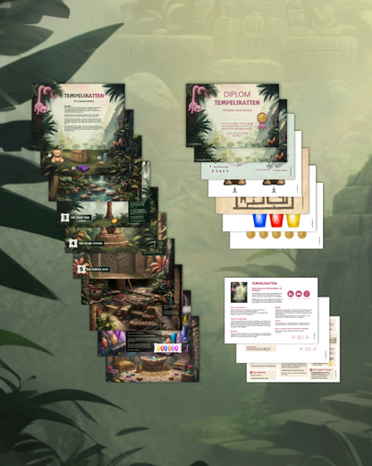 Collection of game components including cards and a diploma on a green leafy background