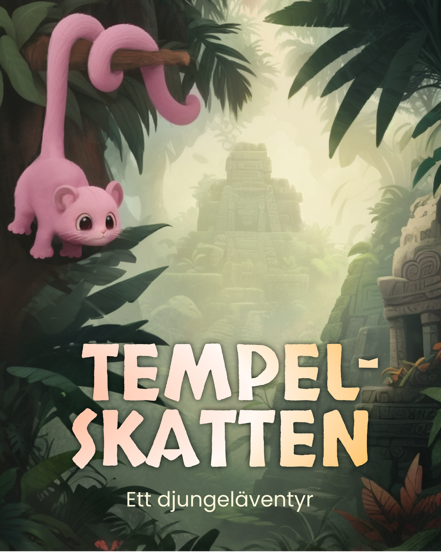 Game cover of 'Tempelskatten' with a pink creature and jungle temple background